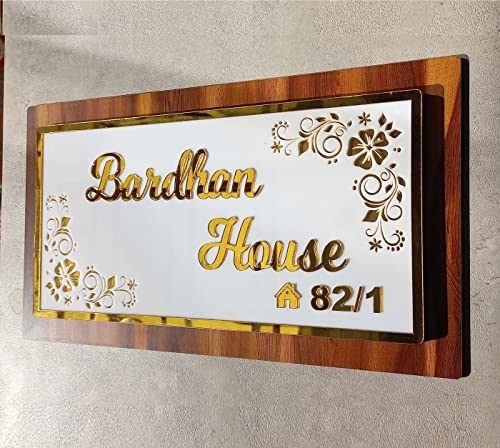 Image of Aarushi Creations Acrylic Personalized Home Name Plate - 3 Year Warraty - Acrylic Embossed Letters with Mirror Shine (White, Golden) 0319 (16x12 Inch)