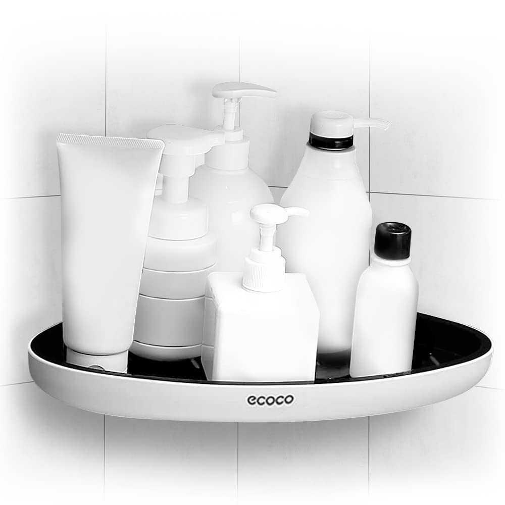 Bathroom Organizer Corner Shower Caddy Shelf. Wall Mounted with Towel Bar and Extra Strong Self Adhesive, No Drilling, Easy Drainage and Rustproof. (White/Black)