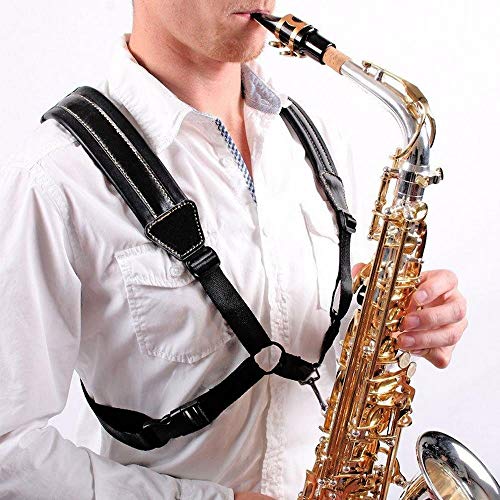 rayzm saxophone strap universal double shoulder leather strap for sax adjustable padded harness strap for alto tenor baritone saxophone large size