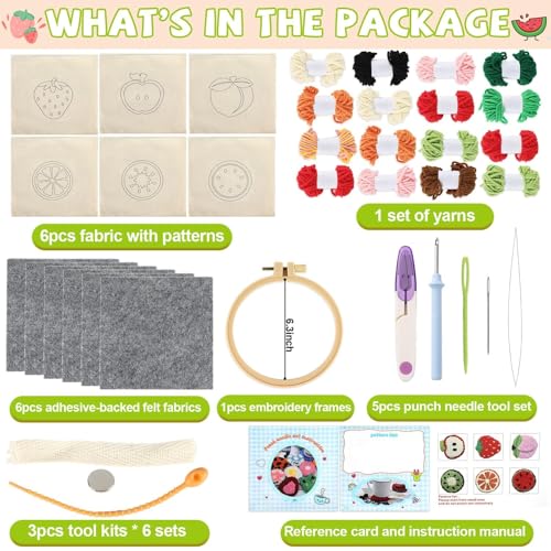 Image of Justforjoyful 6 Set Punch Needle Embroidery Coasters Craft Kits Punch Needle Refrigerator Magnets Kit Tool Threader Fabric for Christmas Winter Beginners Adults DIY Handmade Gifts Party(Fruit)