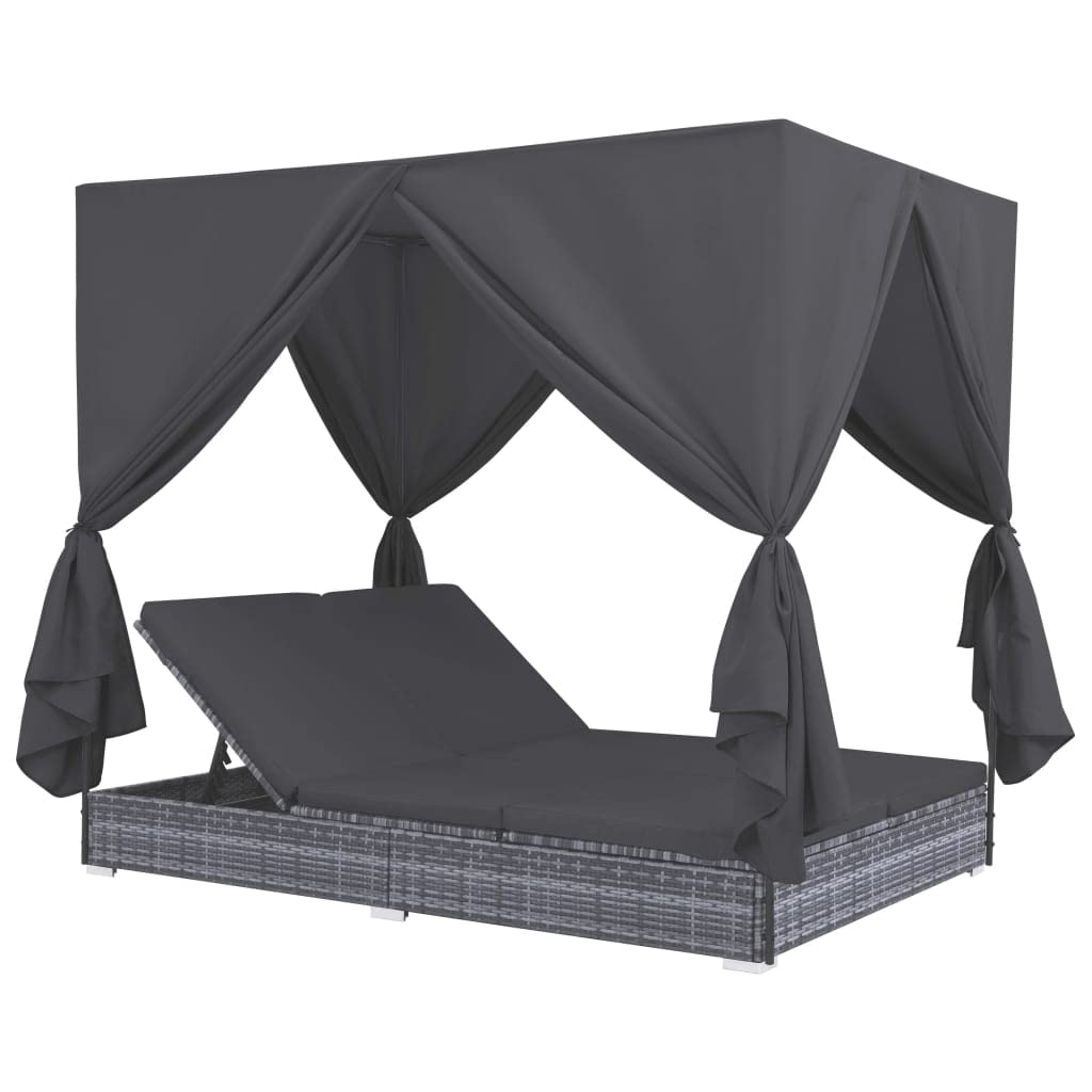 vidaXL Tumbona Cama con Cortinas de Ratán Sintético Mobiliario Terraza Muebles de Exteriores Jardín Patio Resistente a la Intemperie Resistente Gris