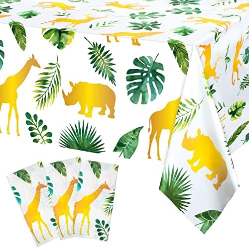 3 Pcs Jungle Safari Tablecloths Plastic Wild One Table Cover Waterproof Jungle Animal Table Cloth Palm Leaves Tablecloth for Kids Safari Theme Party Birthday Party Supplies,108 x 54 Inch