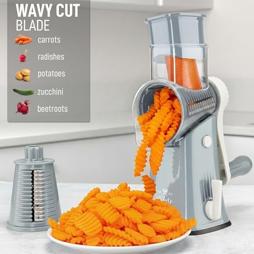 Image of Zulay Kitchen Rotary Cheese Grater 5 Blade Cheese Shredder - Manual Hand Crank Cheese Grater With Reinforced Suction & 5 Interchangeable Drums - Easy to Use, Vegetable Chopper Round Mandoline Slicer