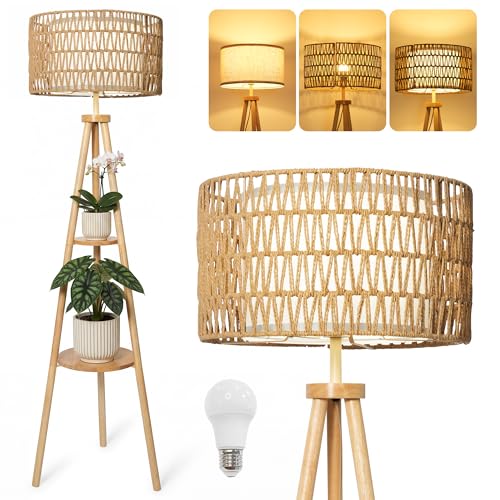 LuminexDesigns Tripod-Stehlampe aus Holz mit 2 Ablagen Doppel-Lampenschirm aus Rattan & Stoff Boho Stehleuchte im skandinavischen Stil E27 Fußschalter 154cm für Wohnzimmer Schlafzimmer WOVI FL03