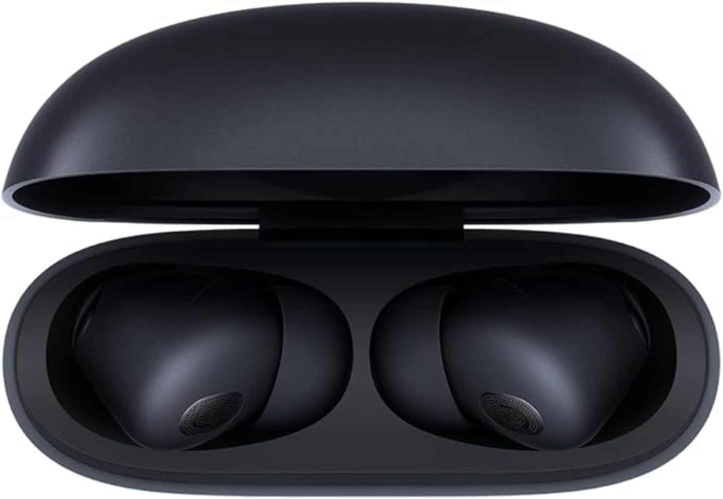 De dalt a baix view of the Xiaomi Buds 3T Pro charging case, open to reveal the two black earbuds inside.