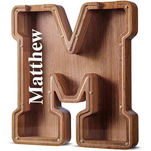 Summidate Custom Letter Piggy Bank for Kids Adults, Wooden 12" M Money Bank