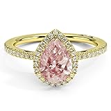 1.00 Carat Pear Cut Morganite & White Diamond Halo Engagement Ring For Women, 14K Yellow Gold Plated 925 Silver Morganite Bridal Side Stone Ring