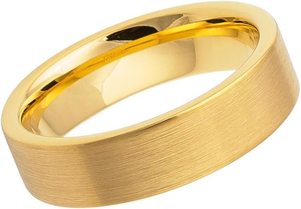 6mm Yellow Gold Tungsten Ring for Men & Women – Brushed Finish Pipe Cut Band, IP Gold Plated Tungsten Carbide Wedding Band, Comfort Fit, Personalized Engraving Available, Sizes 5-13