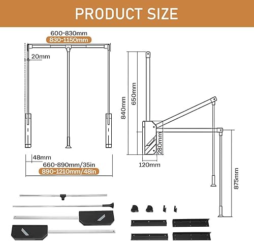 Miniatura 3 de Barra de armario extraíble, capacidad de carga de 60 libras, acero inoxidable ajustable de 35 a 46.5 pulgadas, organizador de riel de elevación de