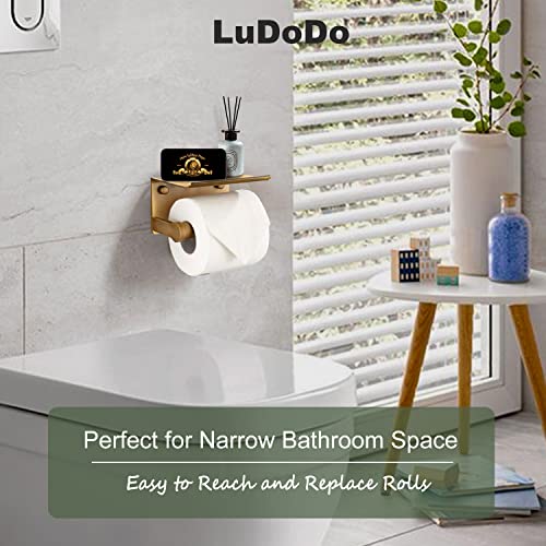 Ludodo Gold Toilet Paper Holder With Phone Shelf,Toilet Paper Roll Holder With Storage Shelf,Wall Mounted For Bathroom With Screws,Antique Brass #TOP1