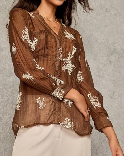 Women's Long Sleeve Sheer Floral Embroidered See Through Button Down Blouse Lightweight Boho V Neck Shirts2
