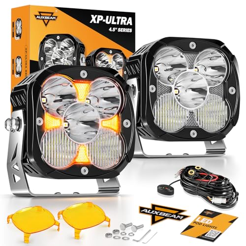 Auxbeam XP Ultra Series LED Pod Light, 4.5 Inch 15200LM Driving Off-Road Cube Ditch Spotlights with Amber DRL, Hyper Spot Flood Combo Beam Auxiliary Work Light with Cover for 4x4 Jeep Ford ATV UTV