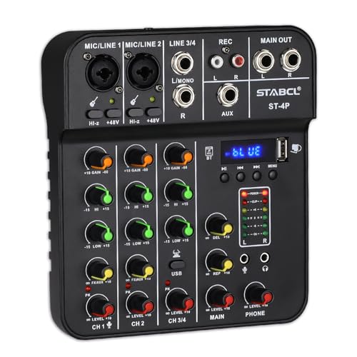 Audio Mixer Board 4 Channel, Sound Board Mixing Console with Digital USB Bluetooth 48V Phantom Power and Echo, Small Sound Mixer Interface for Pc, DJ Mixer for Podcasting Black