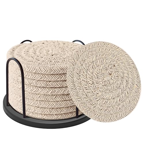 Lazebox Coasters Set of 8 for Drinks, Beer, Coffee, Cotton Woven Absorbent Coaster with Holder, Boho Coasters for Home Decor Tabletop Protection Suitable for Kinds of Cups, Brown