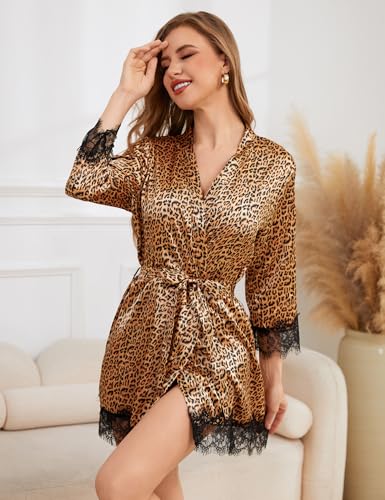 Image of Women's Silk Robe Short Sexy Lace Bride Party Satin Bathrobe Kimono Sleepwear