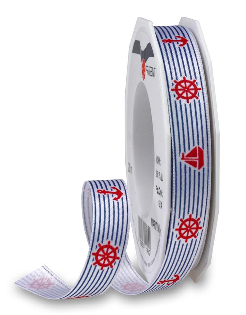 Blue Recycled Ribbon with Nautical Print 15mm x 20m Roll or Cut Length (Blue 20m Roll)