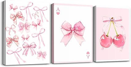Homewish Pink Bows Canvas Wall Art Set 40x30cmx3Pcs, Modern Trendy Pink Cherry Wall Pictures, Watercolor Bowknot Poster Prints Preppy Girly Room Aesthetic Paintings