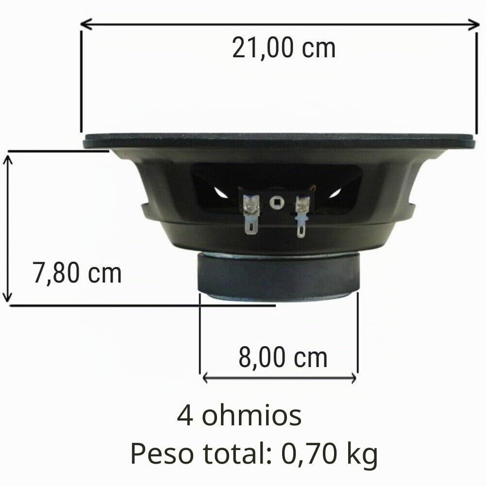 Kit Set para Web W-084 1 Altavoz woofer 20 cm 200 mm 8", 75 Watt rms y 150 Watt MAX, impedancia 4 Ohm, sensibilidad 92 db, para Puertas de Coche, 1 Pieza + 3 Pegatinas Gratis