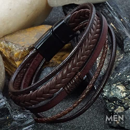 Image of THE MEN THING Leather Bracelet for Men - American Style Brown Genuine Leather Multi-Layer Braided Bracelet with 100% Stainless Steel Magnetic Buckle for Men & Boys