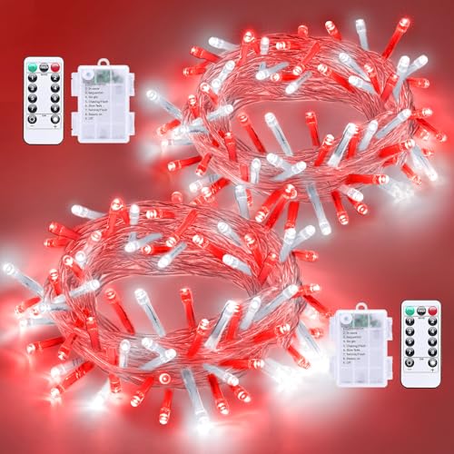 QITONG 2 Pack Battery Operated String Lights Each 33ft 100 LED Red and White Christmas Lights Outdoor Waterproof 8 Modes Clear Wire Twinkle Fairy Lights Indoor with Remote