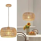 OCWHT Rattan Pendant Light Fixture Ceiling Bohemian Chandelier Flush Mount Hanging Light Woven Lamp Shade Wooden Base Basket for Kitchen Island Hallway Bedroom Dinning