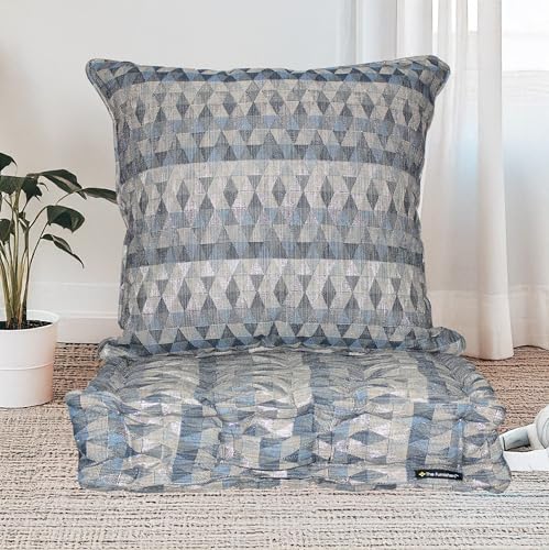 Image of Woven Quilted Floor Cushion Set 60x60x10 CM Grey Shiny Triangle with Fillers & Back Cushion, Large Size for Seating, Patio Seat, Meditation, Yoga, Pooja, Guests, Living 24x24x4 Inch