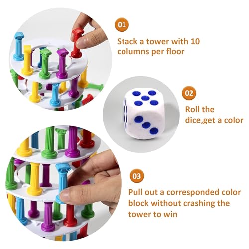 Image of Kidology Tumbling Tower Game - Classic Stacking Game, Fine Motor Skills Building Blocks With Dice Slate, Montessori Learning Toy Family Fun Game Board Games For Children, Multicolor