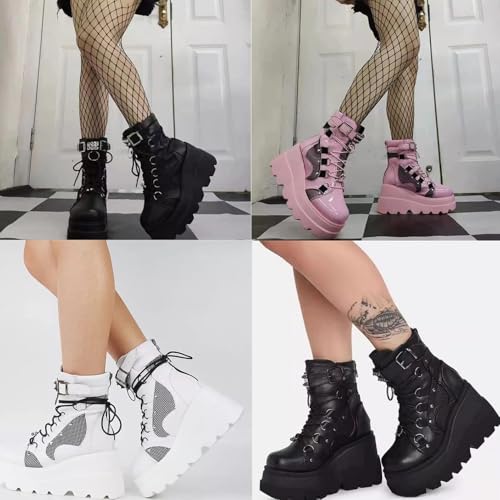 SACFOF Platform Ankle Boots for Women Chunky High Heel Booties Buckle Goth Round Toe Combat Boots Women Lace Up Motorcycle Wedges Boots4