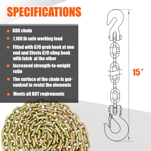 Image of TKK G80 Transport Binder Chain, 3 /8 Inch x 15 Foot Logging Tow Chain with Grab and Sling Hooks, 7,100 lbs Safe Working Load, Heavy Duty for Transporting, Towing and Tie-Down