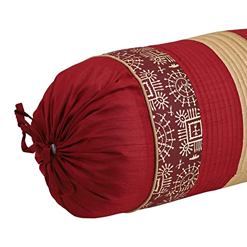 Image of Gifts Island Set of 2 Polyester Silk Traditional Hand-Block Printed & Striped Bolster Covers (Dark Maroon)