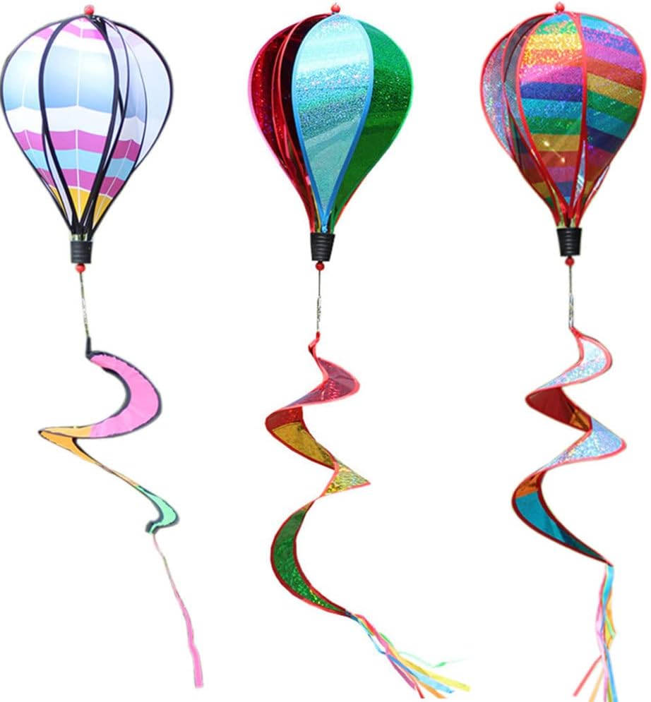Hot Air Balloon Wind Spinner, Rainbow Garden Pinwheels Whirligigs, Pretty Striped Rainbow Wind Spinner Windmill for Outdoor Decoration, Garden, Camping, Parks, Attractions, Festivals, 3PCS