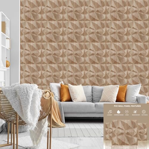 Image of Kayra Decor Wall Panels for Bedroom PVC Diamond Design, Beech Wood Color 19.7 inch X 19.7 inch (Pack of 12) - Covers 32.34 Sq. Ft.