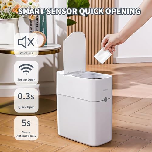 Image of MOPUP Bathroom Trash Can, Automatic Bagging Garbage Can, 3.5 Gallon Slim Smart Small Plastic Trash Bin, Narrow Motion Sensor Trash Can for Bedroom, Office White
