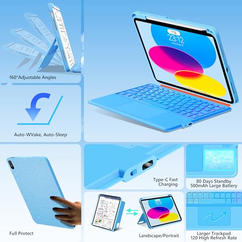 Image of Keyboard Case for iPad 11th (A16) & 10th Generation，Ultra-Light Magnetic Detachable Keyboard with Multi-Touch Trackpad - Backlit Keys,Adjustable Stand Case for iPad 11 inch 2025&10th Gen (Sky Blue)