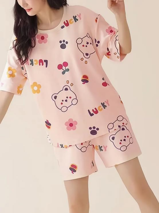 Image of Lunza Women's Cotton Blend Pajama Set, Short Sleeve T-Shirt and Shorts, Cute Bear Print Nightwear