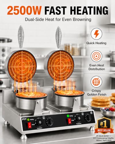 Image of PYY Commercial Waffle Maker, Double-Head Round Waffle Baker Machine, 2500W Stainless Steel Non-Stick Electric Waffle Iron with Temp & Timer Control, for Restaurant Bakery Snack Bar Cafe