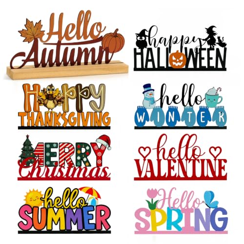 Interchangeable Seasonal Decor Metal Table Sign Set with Wooden Base 8PCS Holiday & Seasonal Signs for Home Decor Farmhouse Tiered Tray Decor for Spring Summer Autumn Winter Christmas Halloween