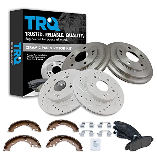 TRQ Brake Pad & Rotor,Shoe & Drum Kit Premium G-Coated Ceramic Performance Slotted X Drilled Front & Rear Compatible with 2006-2011 Honda Civic