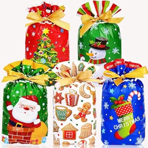 VOVEA Christmas Treat Bags 50 Pcs, Small Christmas Gift Bags, Christmas Goodies Bags Candy Bags Plastic Drawstring Gift Bags, Christmas Bags for Gifts Christmas Party Favors, Cookies Snacks Cover