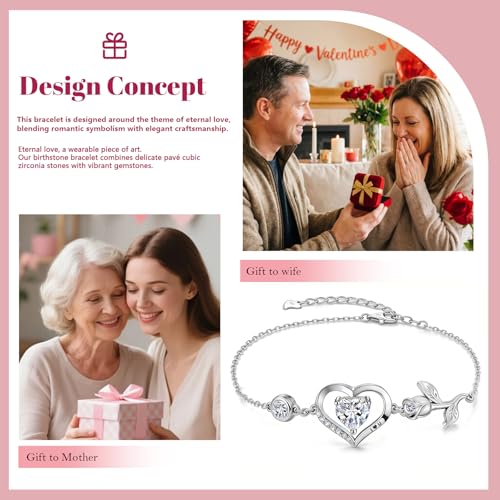 Image of 1CT Rose Heart Bracelet Moissanite Lab-Grown Sapphire Ruby Emerald&More 18K White Rose Gold Plated Anniversary Birthday Gift for Wife Girlfriend Mom Daughter Mothers Day Gift for Mom