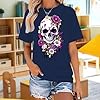 Womens Skull Shirts,Skull Flower Print - Short Sleeve Crew Neck Retro T Shirt Summer Clothes | Daily Wear Purplish Blue 3XL #4