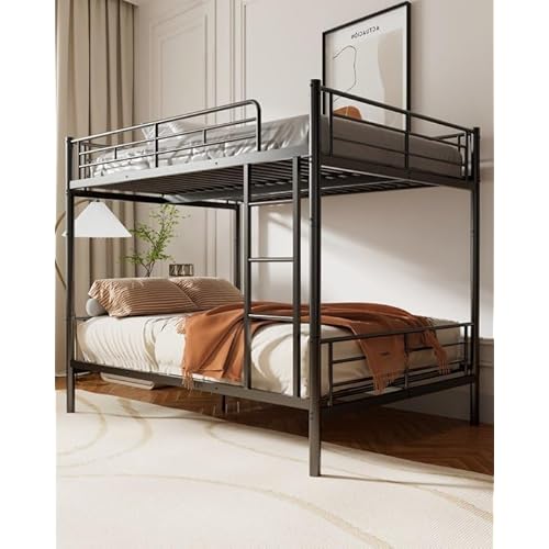 Full Over Full Bunk Bed, Convertible into 2 Full Beds, Heavy-Duty Metal Bed Frame with Safety Full-Length Guardrails & EVA Padded Ladder for Adults, Teens, Kids, No Box Spring Needed, Black
