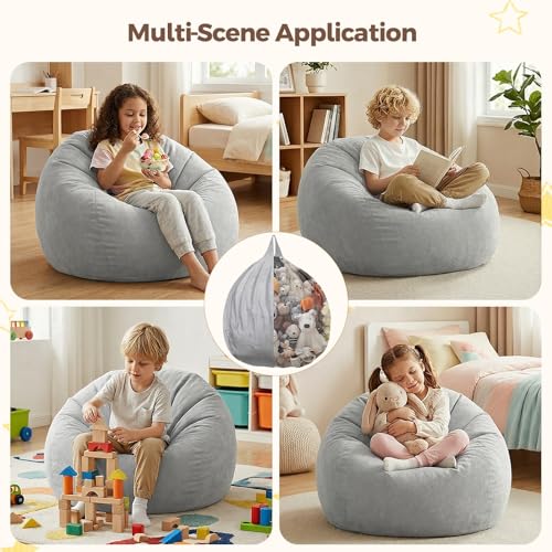 Image of Stuffed Animal Storage Bean Bag Chair Cover for Kids (No Filler), Soft Comfy Velvet Beanbag Chair Cover Machine Washable,Kids Bean Bag Chair with Handle for Living Room Bedroom Dorm,Light Gray