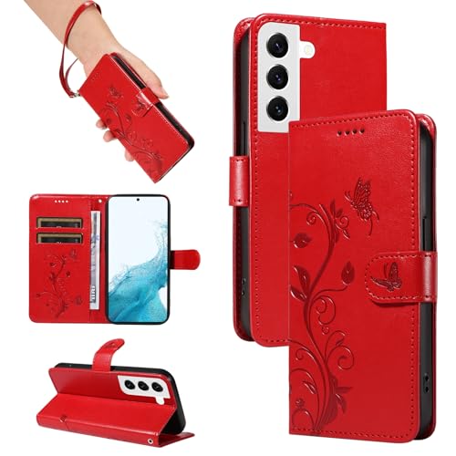 SRISHP Coque pour Samsung Galaxy S22, Housse Etui Portefeuille Cuir PU Multifonction, Magnétique Étui de Protection Compatible avec Galaxy S22, Rouge