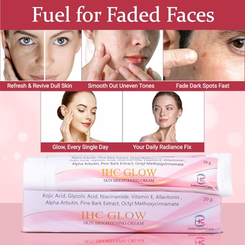 Image of IHC- Glow Skin Brightening Cream | Anti-melasma cream, Pigmentation removal cream, Helps to remove Acne Scar, Dark /Age Spots, Uneven Skin Shade I Enriched with kojic Acid 2%, Vitamin E, 1.5% Alpha Arbutin, Niacinamide, Hyaluronic Acid | For All Skin Types (20g )