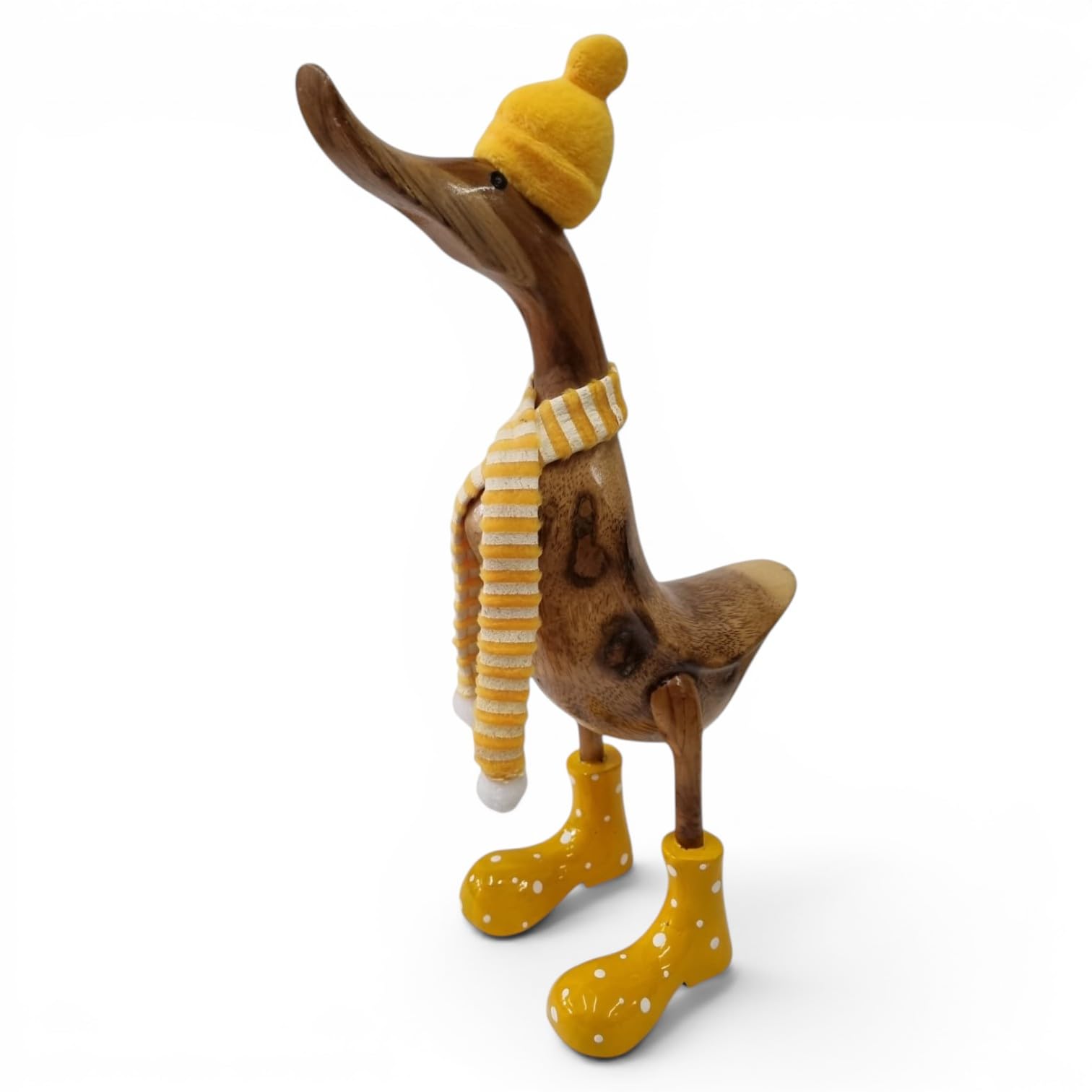 Kinaree Pato decorativo de madera – Invierno u otoño pájaro de bambú en muchos colores – 43 cm pato corriendo estatua con gorro y bufanda (amarillo)