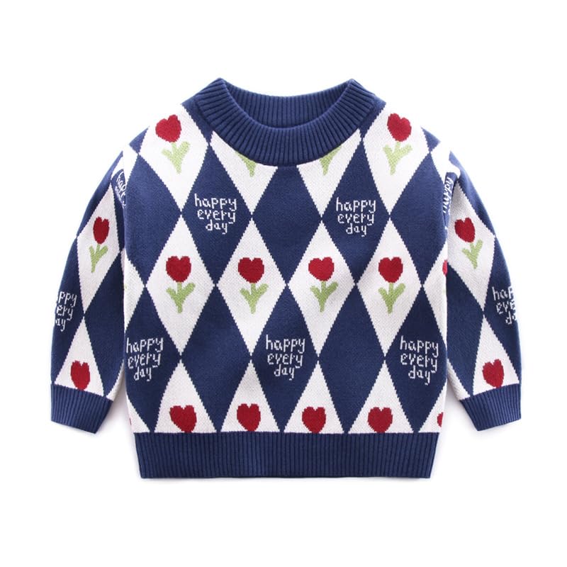 Baby Boys Girls Knit Sweater Long Sleeve Floral Diamond Grid Letter Oversized Sweatshirt Warm Fall Winter Clothes (Blue,130/5-6 Y,Unisex,Big Kid,US,Age,5 Years,6 Years)