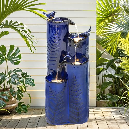 Autodaya 32' H Ceramic Outdoor Water Fountain with LED Lights, 4-Tier Vase Outdoor Fountain, Cobalt Blue Glaze, Embossed Fern Pattern, Cascading Waterfall for Tranquil Garden, Patio, or Porch