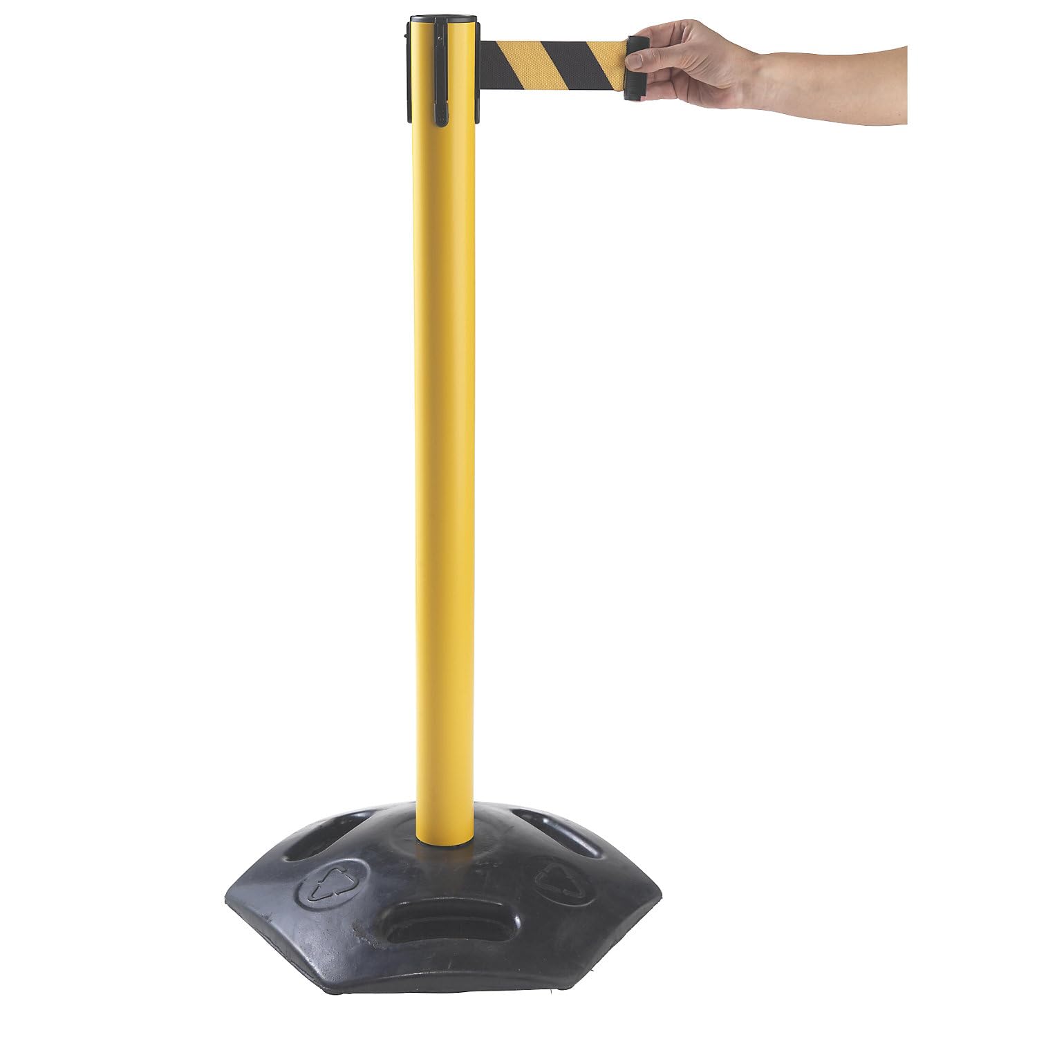 Certeo | Lot de 2 potelets de délimitation à Sangle | Avec pied en caoutchouc dur, tiroir 3700 mm, potelet jaune, sangle jaune / noir