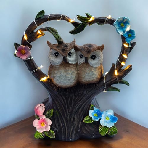 Solar Owl Statue for Outdoor Garden, Patio, or Indoor Decor – Heart-Shaped Tree with Love Owl Pair 7x7 inch